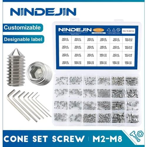 382/667pcs Hex hexagon socket cone point set screw assortment kit M2 M2.5 M3 M4 M5 M6 M8 stainless steel grub screw with hex key
