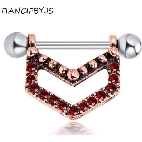 TIANCIFBYJS 1.6*16mm 14G Crystal Nipple ring Rose Flower Nipple Shield Rings Body Piercing Jewelry Double Red Flower Women Gift
