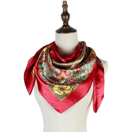 Women Square Scarf Wraps Neck Wear Satin Silk Muslim Head Cover Hijabs Vintage Paisley Print Luxury Brand