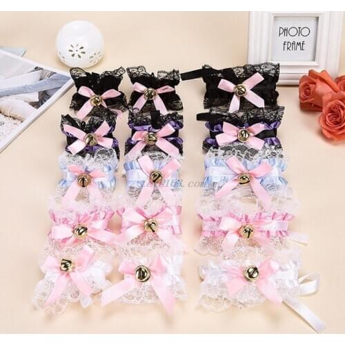 Women Sexy Maid Lolita Cat Cosplay Costume Ruffles Lace Satin Collar Choker Necklace Bowknot Bell Wristband Bracelet Set