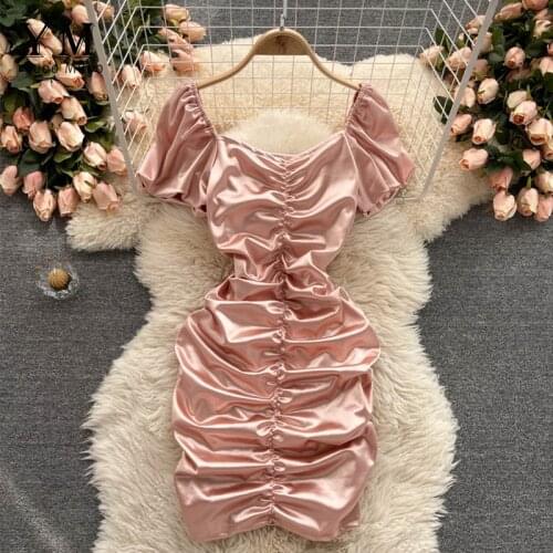 YuooMuoo Ins Fashion Sexy Ruched Mini Bodycon Dress Sexy Satin Night Club Party Dress Skinny Sheath Women Summer Dress Pink