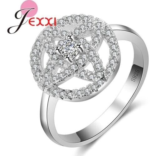 Authentic 925 Sterling Silver Big Hollow Flower Ring with Round Side Elegance Noble Ring for Women Party Jewelry