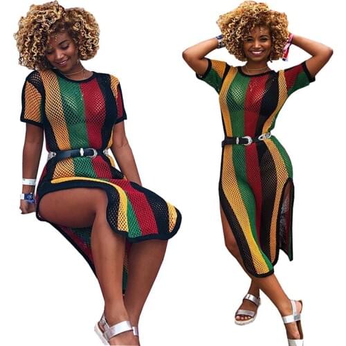 No Belt 2021 Striped Print Hollow Out Mesh Summer Dresses Lady Women Fashion Sexy Bandage Casual Nightclub Midi Side Split Dress