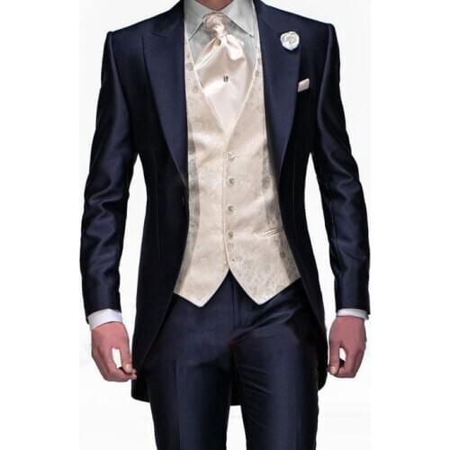 2017 Latest Coat Pant Designs Italian Navy Blue Pattern Satin Men Suit Slim Fit 3 Piece Tuxedo Custom Prom Suits Terno Masculino
