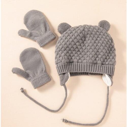 3Pcs Baby Hat Gloves Set Autumn Winter Solid Color Bear Ear Knitted Beanies For Newborn Warm Thick Girl Boy Kids Toddler Mitten