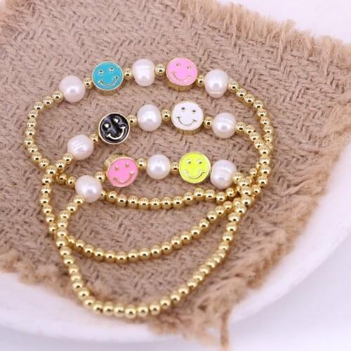 6PCS, Freshwater Pearl Bracelet For Women Smiley Face Enamel Beads Natural Pearl Heart Bracelet Jewelry Birthday Gift