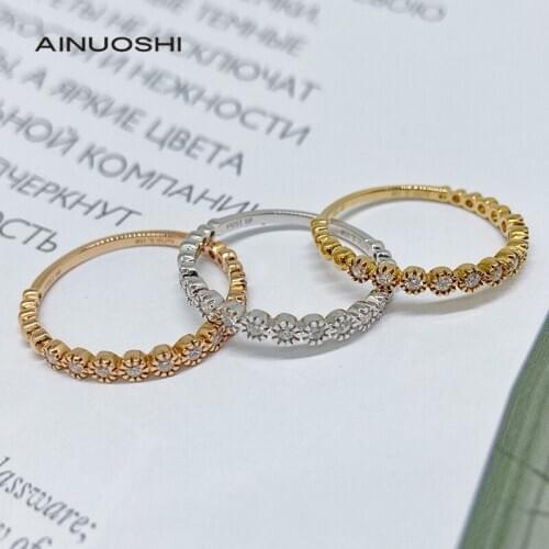 AINUOSHI 18K Gold 0.15Carat Round Excellent Cut Real Diamond Engagement for Women Fashion Simple Half Eternity Band Ring Jewelry