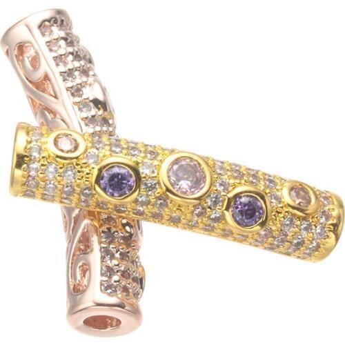 Handmade Accessories For Necklace Bracelets Fine Jewelry Making Micro Inlay Shining zirconia brass long curved tube spacer beads