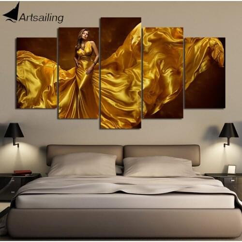 Artsailing 5 Piece Canvas Fashion Sexy Golden Dress Woman Modular Pictures Modern Home Decoration Canvas Print Frame Wall Decor