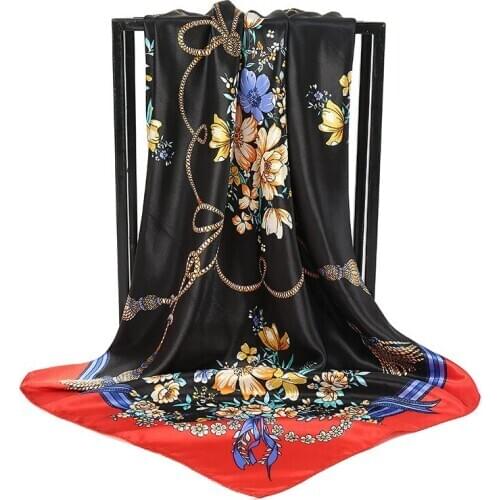 Print Silk Scarf Women 2021 Square Satin Hijab Scarves Female Chiffon Shawls Waps Headband Ladies 90*90cm Hair Neckerchief