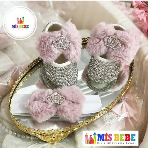 Baby Girl Queen Shoes and Headband with Swarovski Stones Fashion Quality Cotton Soft Crib Shoes Furry