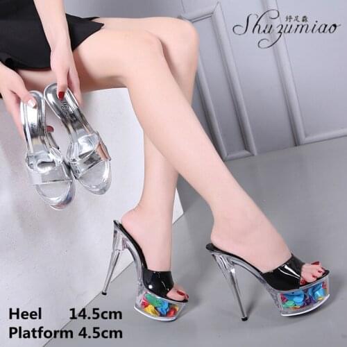 Girl Show Striptease Clear Crystal Womens Shoes Sexy Nightclub Transparent Platforms 15 CM Super High Heel Model Slipper Summer