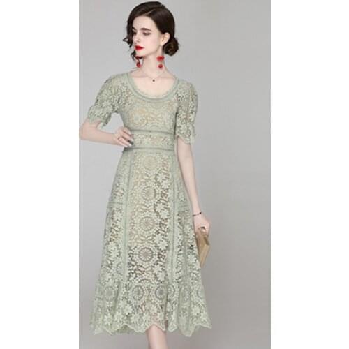 Designer Fashion Hollow Out Lace Banquet Dress Summer Women Short Sleeve Vintage Hook Floral Elegant Party Long Dress Vestidos