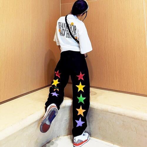 Fashion High Streetwear Casual Straight Jeans Women New Tide Star Pattern Loose Pants Women Jeans For Women Jeans Woman SL421