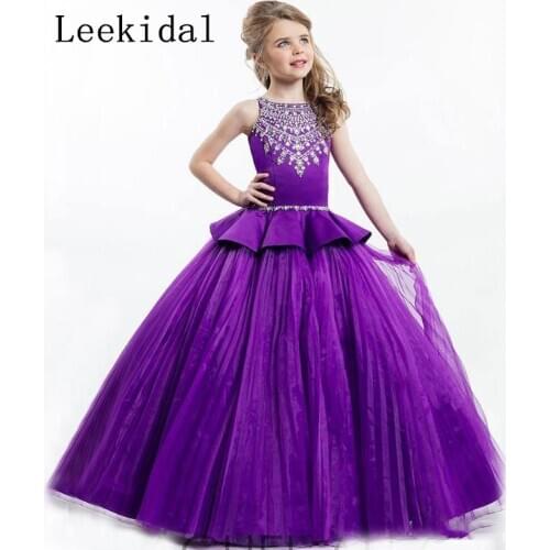 Purple Flower Girls Dresses Vintage Ball Gown Sleeveless Kids Beading Sequin Pageant First Communion Gown Wedding Party Dress