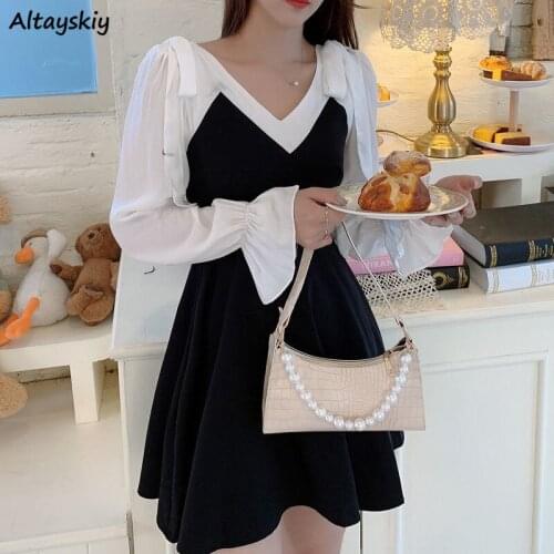 Mini Dress Women V-Neck Autumn Elegant Flare Sleeve BF Style Patchwork Stylish French Fashionable Chic Popular Female Vestidos