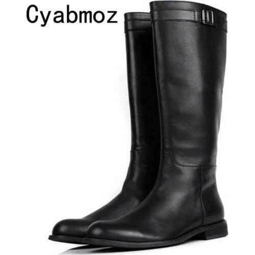 Fashion Mid Calf Mens Riding Boots Genuine Leather Buckle Martin Boots Long Boots Men Winter Shoes Male Luxury Military Boots