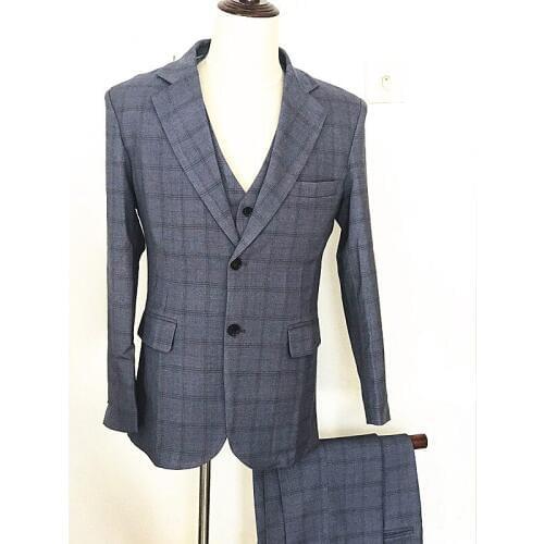 Two Buttons Navy Plaid Men Slim Fit Suits Notch Lapel Groomsmen Tuxedos Groom Men Wedding Suits Blazer (jacket+pant+vest)