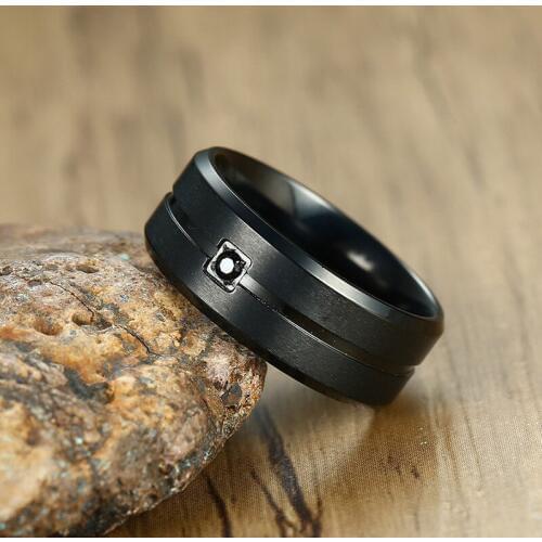 Modyle 8MM Black Wedding Band Stainless Steel and Square Bezel CZ Grooved Inlay Men Ring Comfort Fit Beveled Male Jewelry