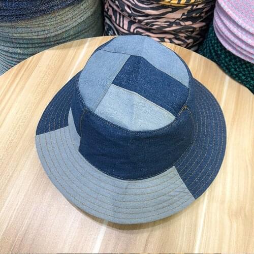 Bucket Hats Women Summer Hats and Caps Patchwork Washed Denim Bucket Hat Hip Hop Solid Wide Brim Cotton Beach Fishing Cap Panama