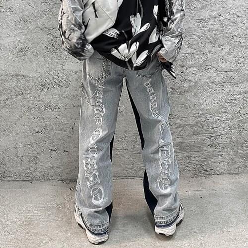 Retro Color Block Letter Embroidery Straight Denim Trousers Men And Women High Street Oversize Washed Ripped Jeans Pants