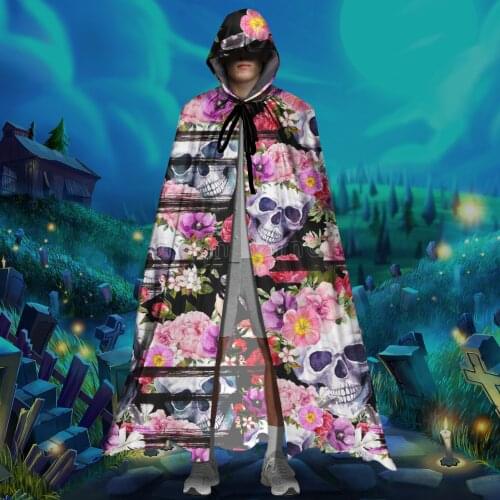 Halloween Christmas Hooded Cloak for Adults Sugar Skull Floral Print Unisex Long Vampire Witch Cosplay Costume Hood Robes Capes