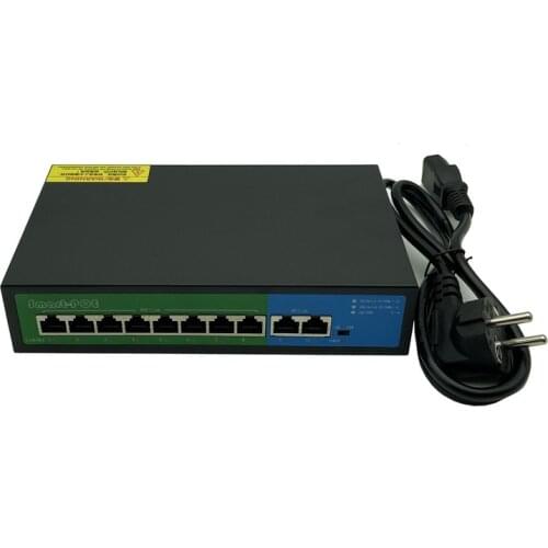 10 Port PoE Net Switch 8CH PoE Injector Power Over Ethernet 10/100Mbps IEEE802.3af/at 1,2+/3,6- DC52V 150W Metal Shell