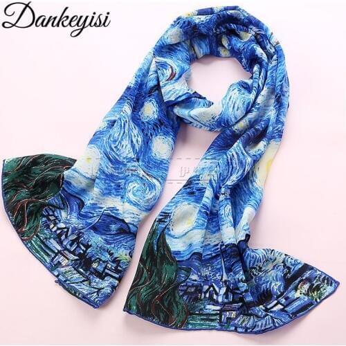 DANKEYISI Van Gogh Oil Painting Real Silk Scarf Women & Men Scarf 100% Natural Silk Scarves Luxury Brand Designer Scarves Female
