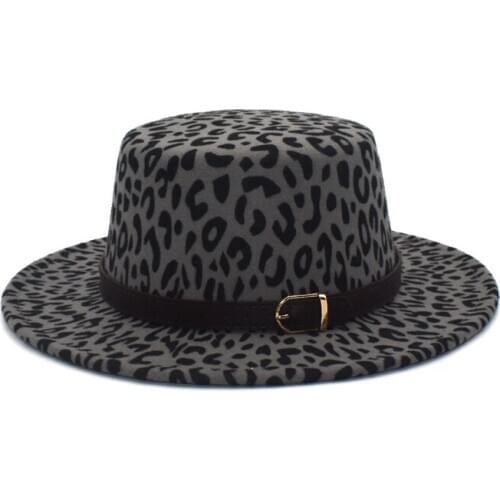 New Leopard Print Fedoras Hat Women Winter Autumn Wool Flat Top Hat Wide Brim Belt Bowler Hats Man Jazz Hat P26