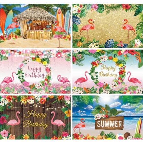 Flamingo Birthday Party Tropical Palms Tree Beach Customized Poster Baby Kid Photo Backdrop Photography Background Photo Studio