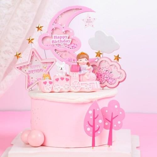 Cake Decoration Sequin Pink Moon Star Happy Birthday Cake Topper Giltter Yellow Blue Cake Decorating Supplies for Baby Shower