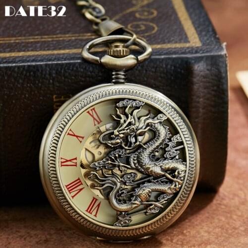 Vintage Dragon Mechanical Pocket Watch Skeleton Laser Engraved Case Bronze Fob Chain Clock for Men Women Collection Dropshipping