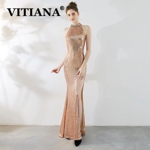 VITIANA Women Sequined Sexy Party Long Dress Female Backless Sleeveless Elegant Bodycon Dresses Femme Mesh Host Banquet Vestidos