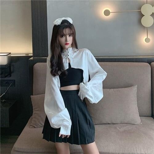 Chinese Style Clothing Women Fashion 2020 New Tang Suit Mandarin Collar Blouse Cape Asymmetric Cheongsam Puffy Sleeve Top 11384