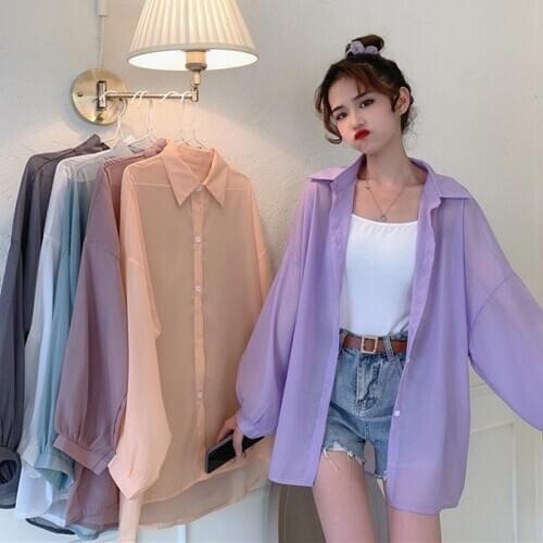 Blouse Women Office Lady Full Solid Korean Style Trendy Loose Thin Elegant Summer Comfortable Simple Turn-down Collar All-match