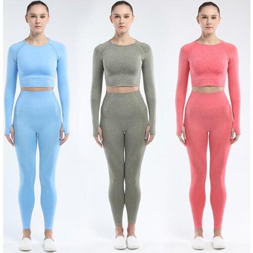 Women Sportswear 2pcs Seamless Yoga Set Athletic Wear Workout Clothes Long Sleeve Gym Crop Top High Waist Leggings Sport Suit