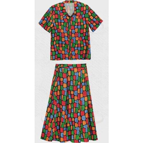 VSUE Women Plaid Print Turn Down Collar Button Short Sleeve Shirt Midi Skirt Vintage Two-piece Set Chiffon Summer T0329