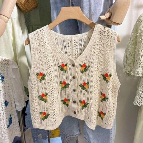 Floral Crochet Tops Knitted Vest Women 2021 Summer Autumn Womens Retro Sleeveless Jacket Cardigan Boho Embroidery Waistcoat
