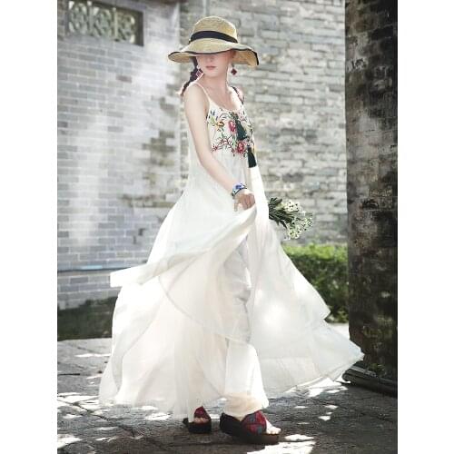 Free Shipping 2019 S-XL 100% Cotton Dresses For Women Long Maxi Summer Embroidery Spaghetti Strap White Chinese Style Dresses