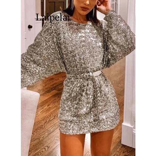 2020 New autumn womens sexy long sleeve round neck Sequin dress A-line dress