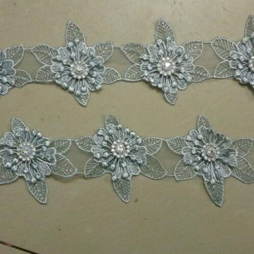 1 yard blue 3D Polyester Flowers Embroidered African Lace Trim Ribbon Fabric Handmade Sewing Craft For Costume DIY Decoration