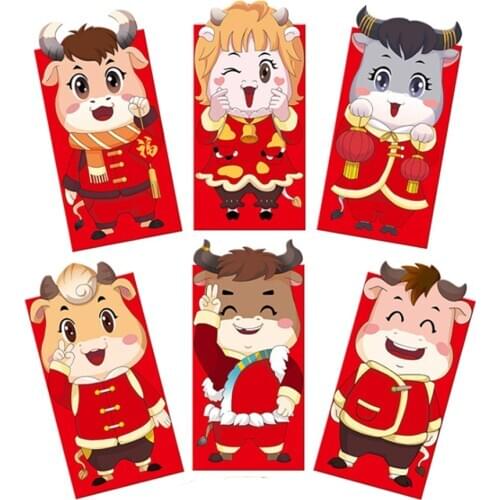 6Pcs 2021 OX Lucky Chinese Red Envelope Betrothal Gift Wedding Spring Festival Best Wishes Chinese Wedding New Year Red Packet