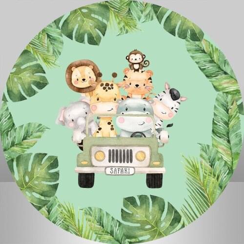 Jungle Party Background Custom Newborn Baby Birthday Party Decoration Banner Cake Table Cover Animals Safari Round Backdrop