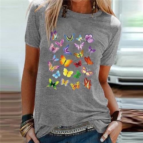 Summer Butterfly Print Tshirts Casual Loose Basic Womens Fashion Tops O-Neck Short Sleeve Bluzka Damska Harajuku Style
