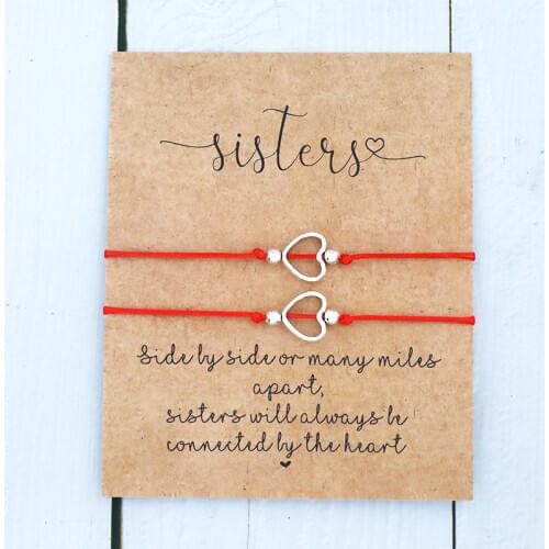 2Pcs/Set Wish Card Sister Bracelet Heart Charm Sister Quote Wish Bracelet Heart Jewelry for Women Men Best Friend Sister Gift