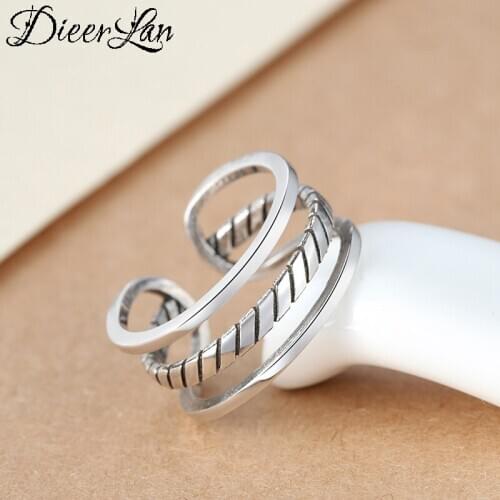 Personality Fashion Vintage 925 Sterling Silver Multi-layer Chains Rings For Women Punk Thai Silver Resizable Rings
