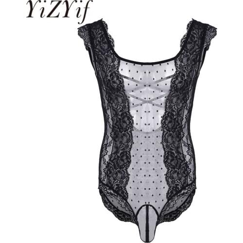 Sexy Men One-Piece Crossdress Lingerie Bodysuit Floral Lace Polka Dots See Through Mesh Sissy Pouch Bodysuit Nightwear Sleepwear