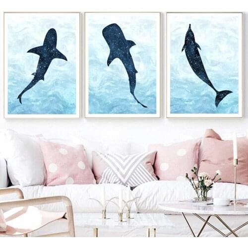 3 Pieces Shark Dolphin Whale Wall Art Canvas Painting Nordic Posters And Prints Nursery Wall Pictures Baby Girl Boy Room Decor