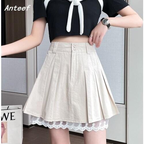 Korean fashion cotton vintage pleated high waist summer casual loose for woman mini skirts womens 2021 skirt clothes