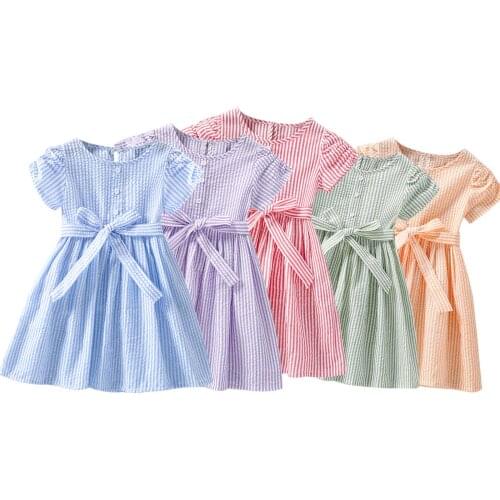 Citgeett Summer 1-6Years Kids Girls Princess Striped Short Sleeve Belt Dress Outfits Clothes